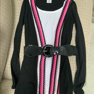 Long black light weight elastic/patent belted cardigan with attached white tank